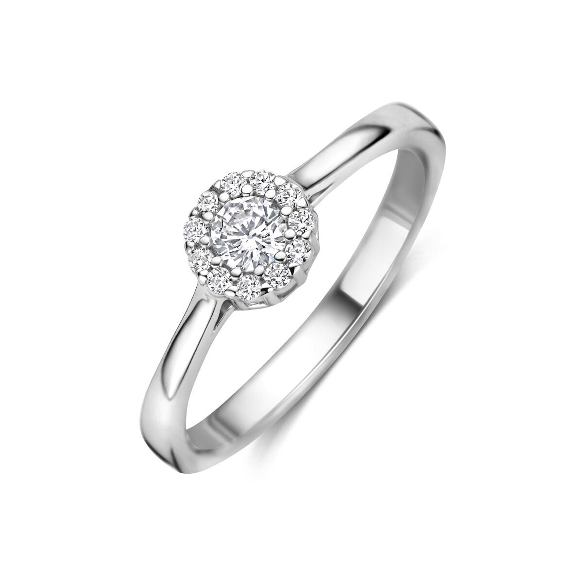 Anillo de plata para dama con circonita brillante en engaste de entorno.