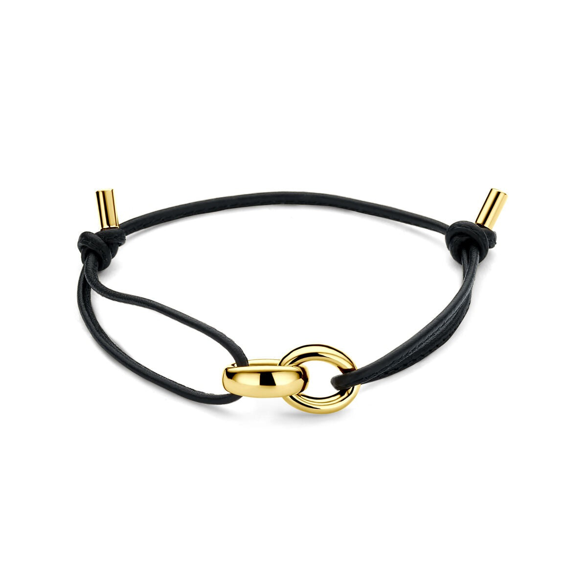 Pulsera de cuero negro con eslabón en oro amarillo de 18 quilates.