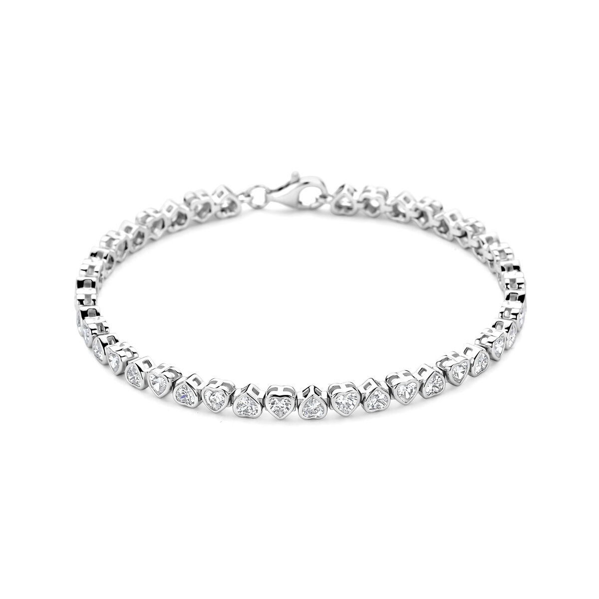 Pulsera de tenis de corazones en plata rodiada 925 con circonitas brillantes.