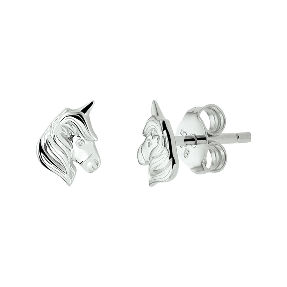 Pendientes de unicornio de plata, con acabado rodiado y diseño en forma de cabeza de unicornio.