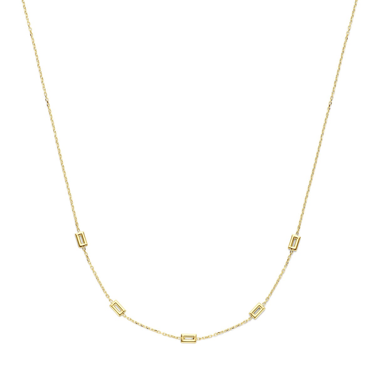 Cadena de 14 quilates en oro amarillo con eslabones finos y detalles rectangulares, de 43 cm.
