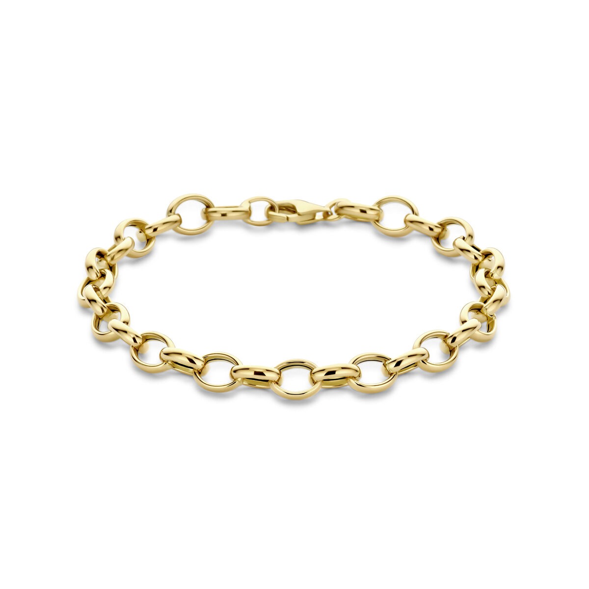 Pulsera de eslabones de oro amarillo de 14k con un diseño elegante y característico.