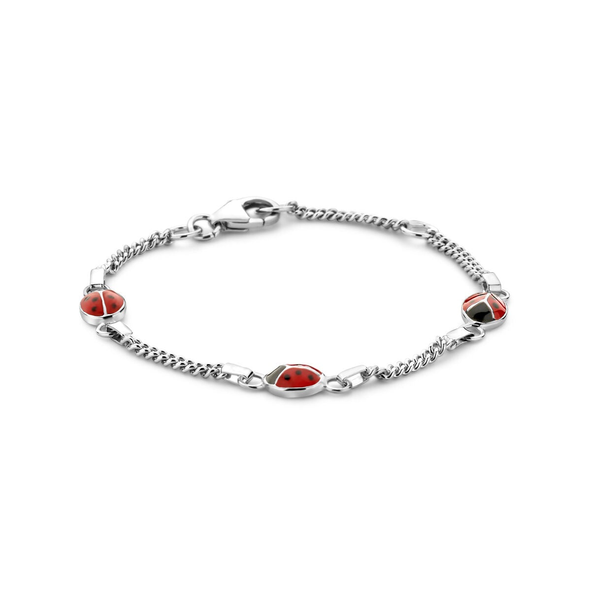 Pulsera de bebé plateada con charm de mariquitas, rodiada y con esmalte rojo.