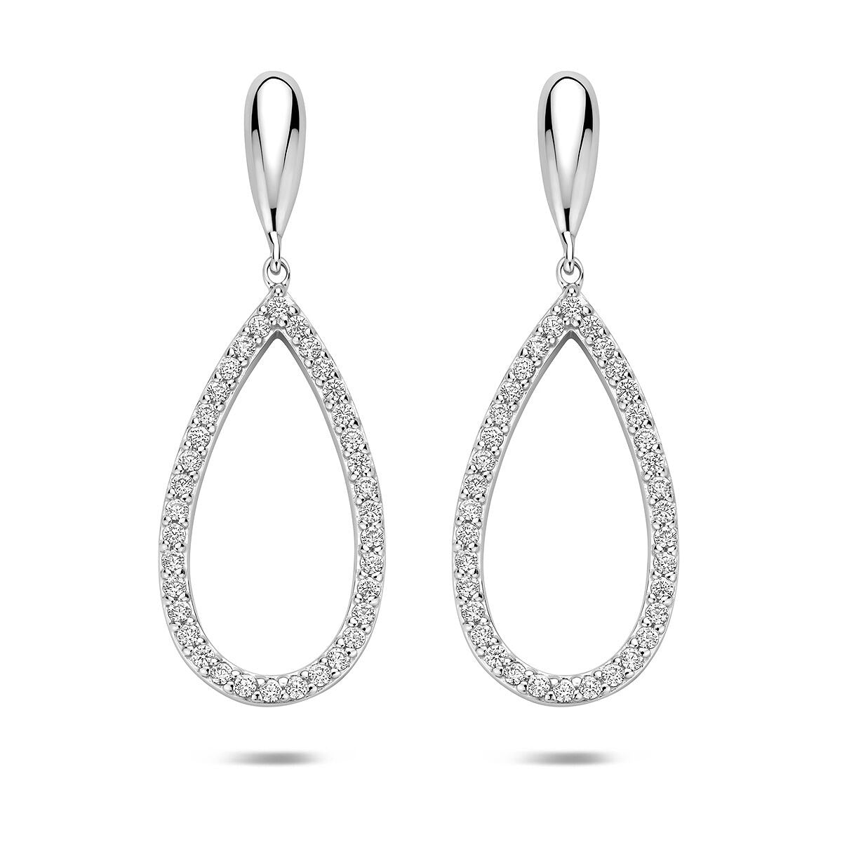 Pendientes largos de plata con circonitas, en plata 925 rodiada, de forma de gota de 43 mm.