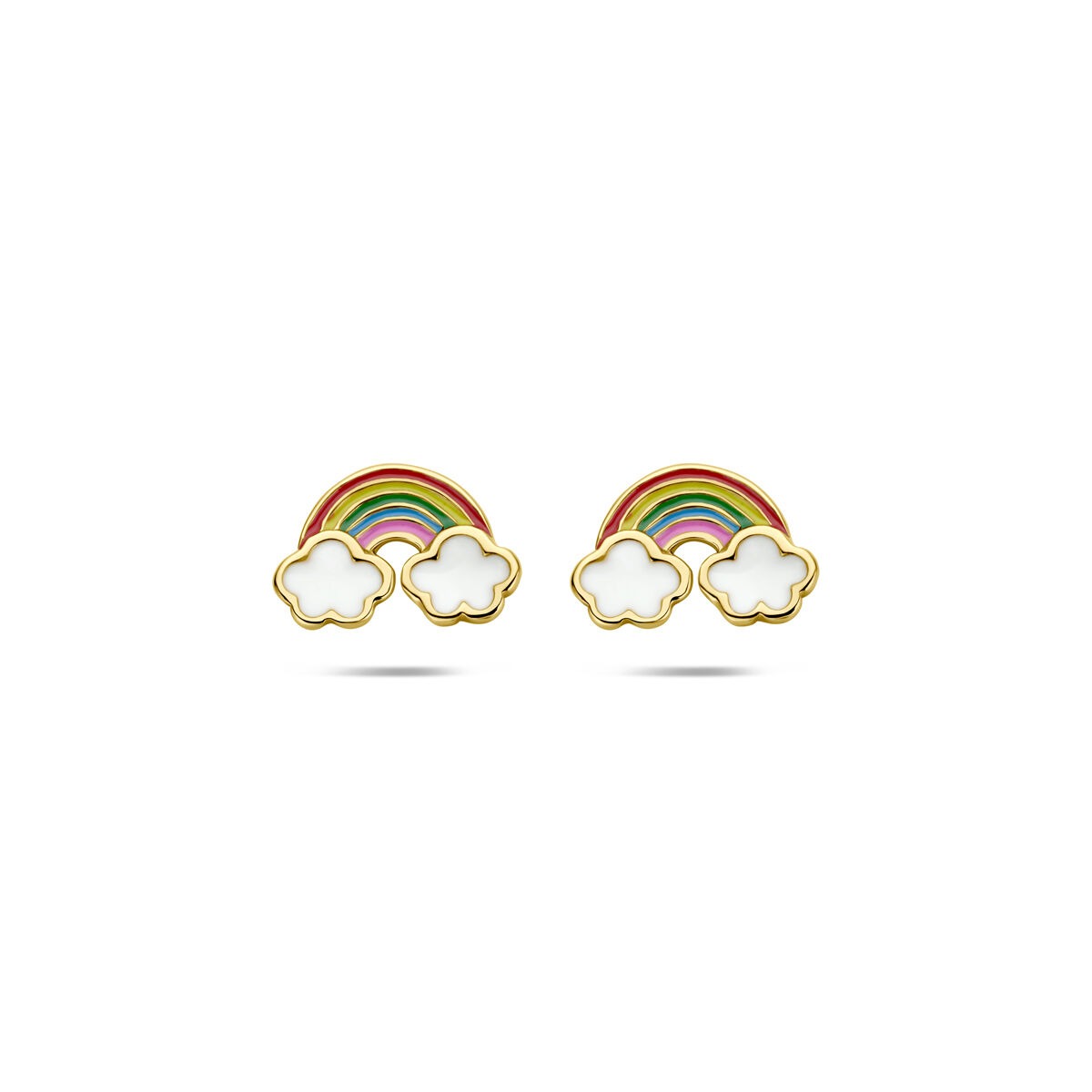 Pendientes de primera puesta en forma de arcoíris con nubes, dorados y coloridos.