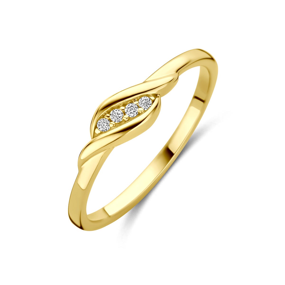 Anillo de oro amarillo de 9 quilates con un diseño entrelazado y cinco circonitas brillantes.