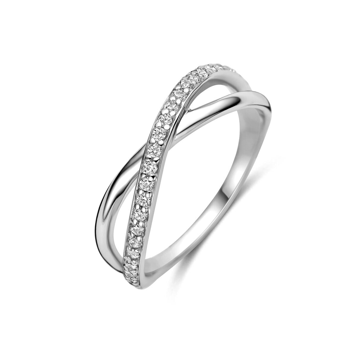 Anillo de plata 925 rodiada con zircón, diseño entrelazado y brillante.