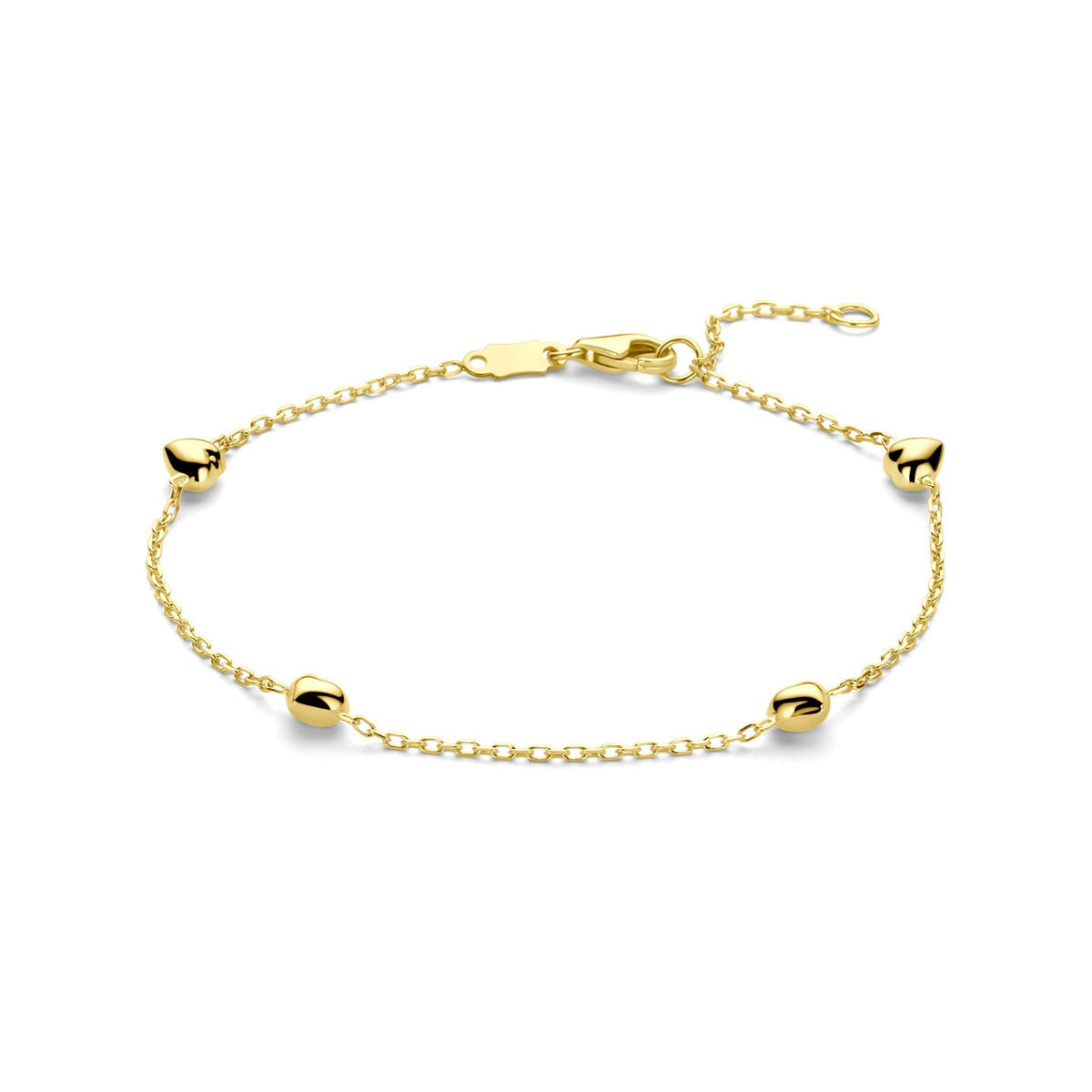 Pulsera de oro amarillo de 9 quilates con corazones en forma de cuentas.