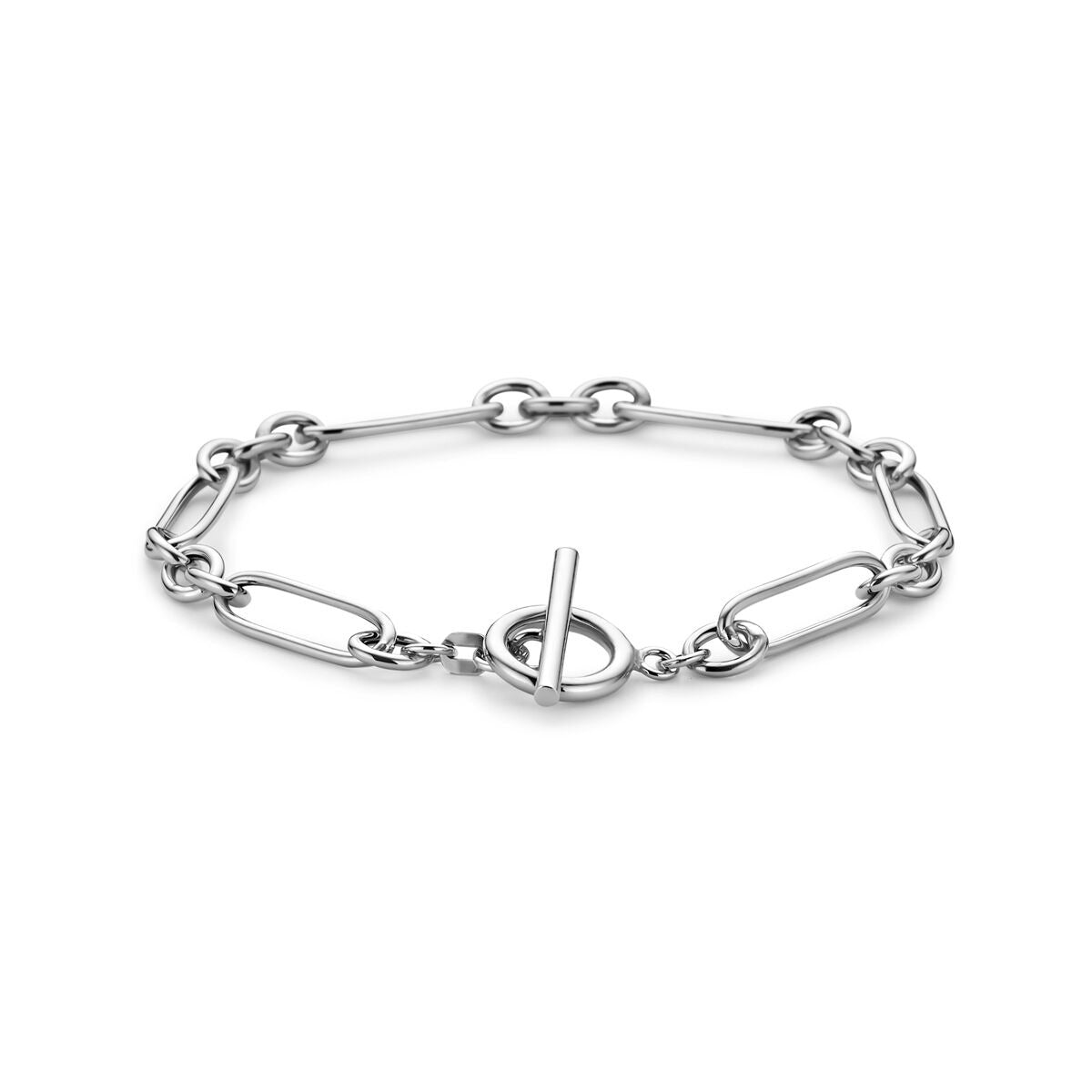 Pulsera de eslabones de plata rodiada con cierre tipo ancla.