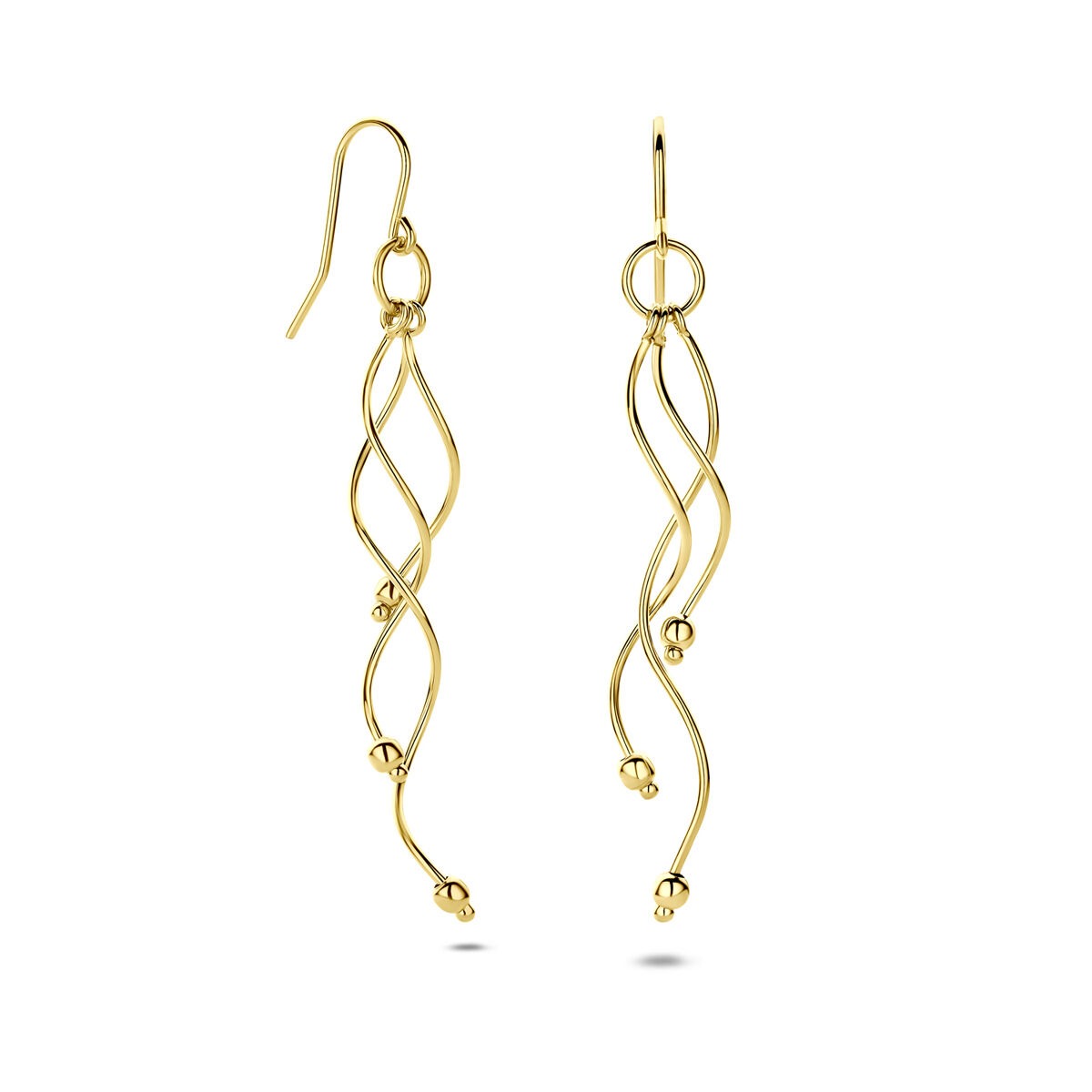 Pendientes largos de oro amarillo de 14k con diseño ondulado y bolas decorativas.
