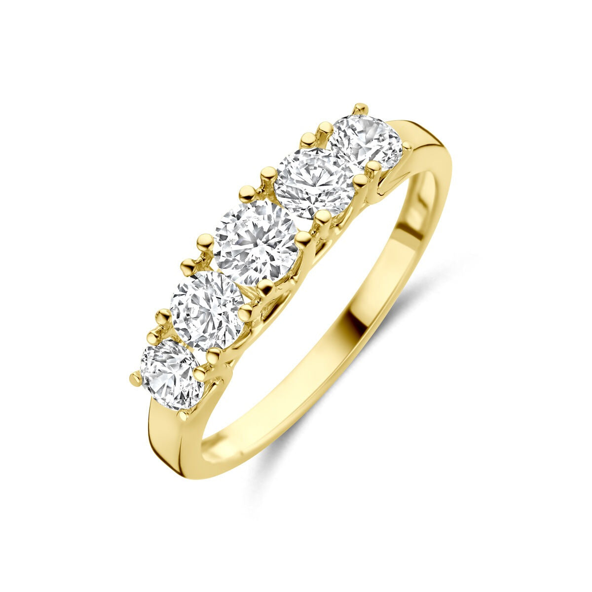 Anillo de dama en oro amarillo de 14k con cinco circonitas brillantes.