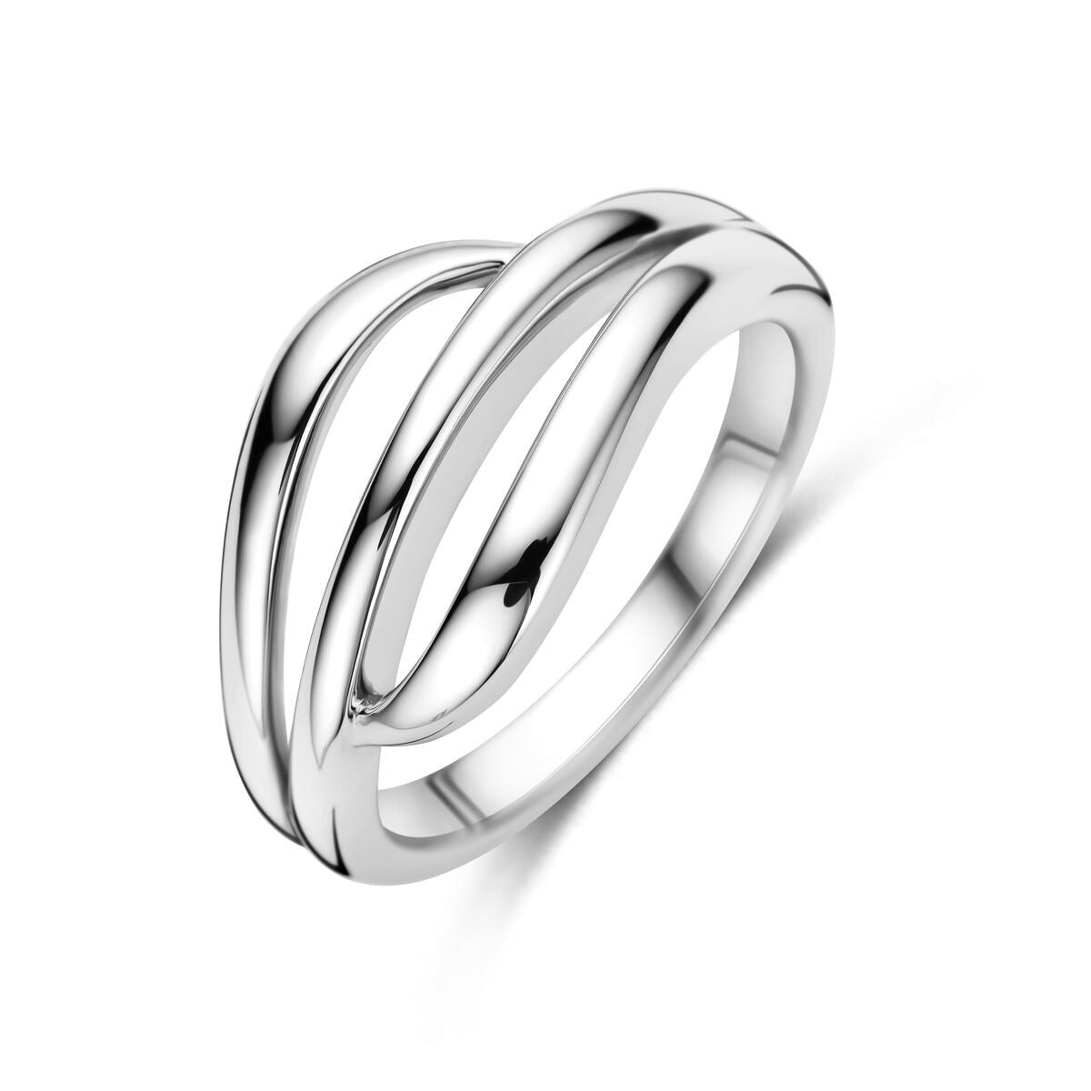 Anillo de plata rodiada para dama, de 11 mm de ancho, con diseño entrelazado y acabado brillante.