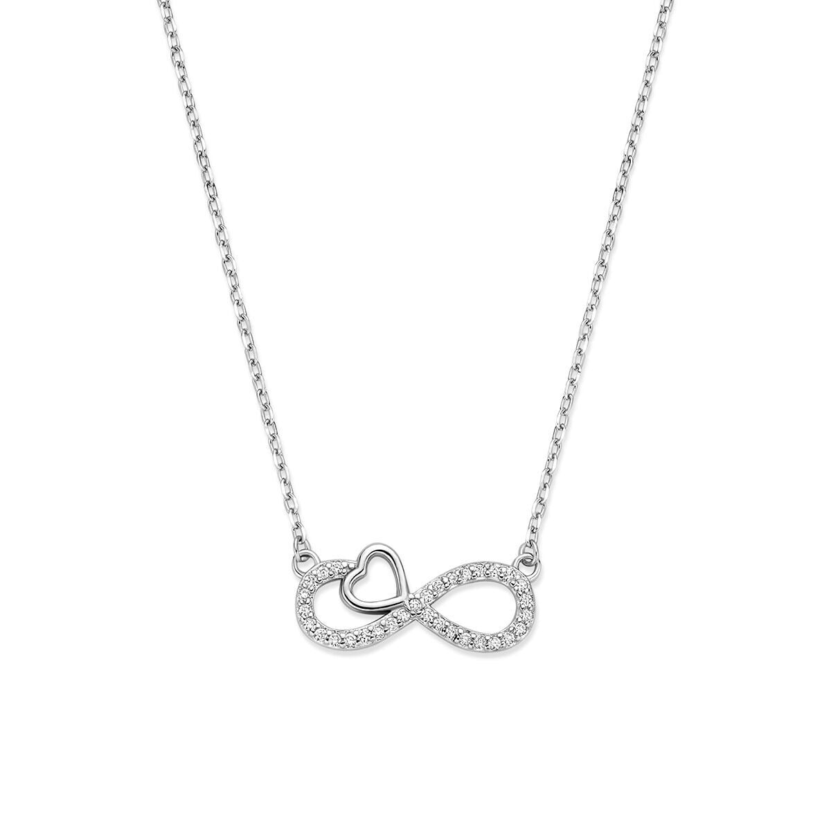 Gerhodineerd zilveren collier met een infinity-symbool en een hartje, versierd met zirkonia.