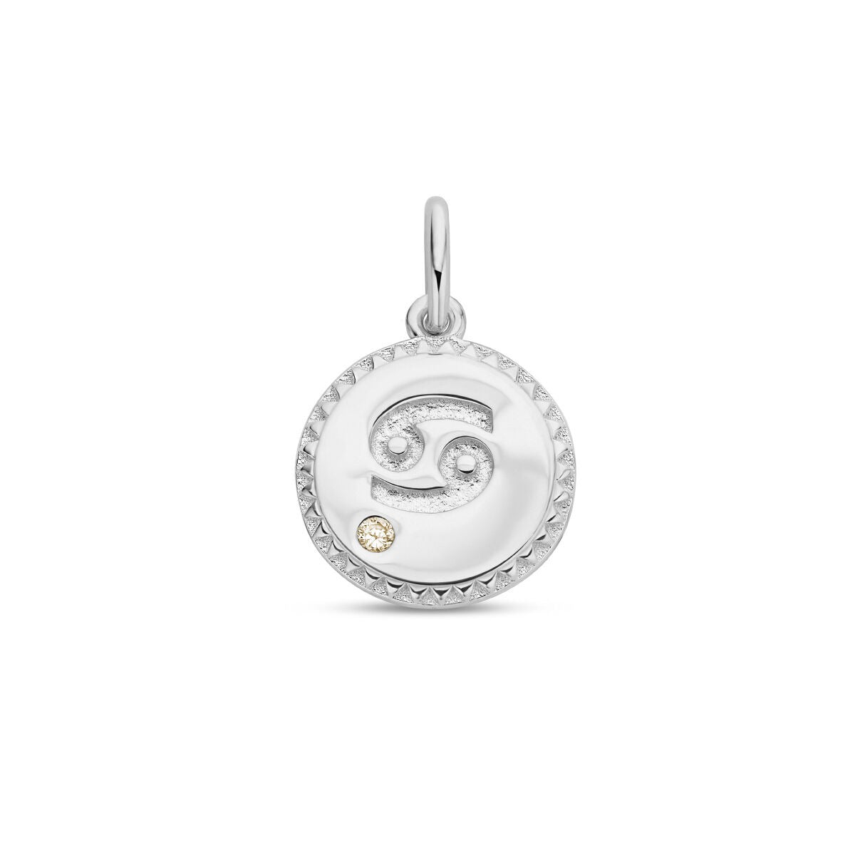 Colgante de signo zodiacal plateado con circonita verde y detalles en relieve.