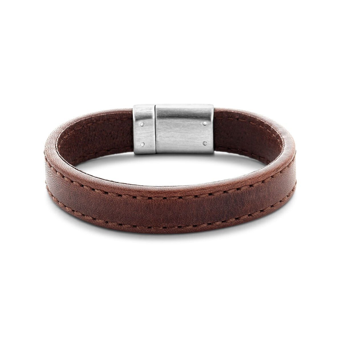 Pulsera de cuero marrón oscuro para hombre con detalles en acero inoxidable.