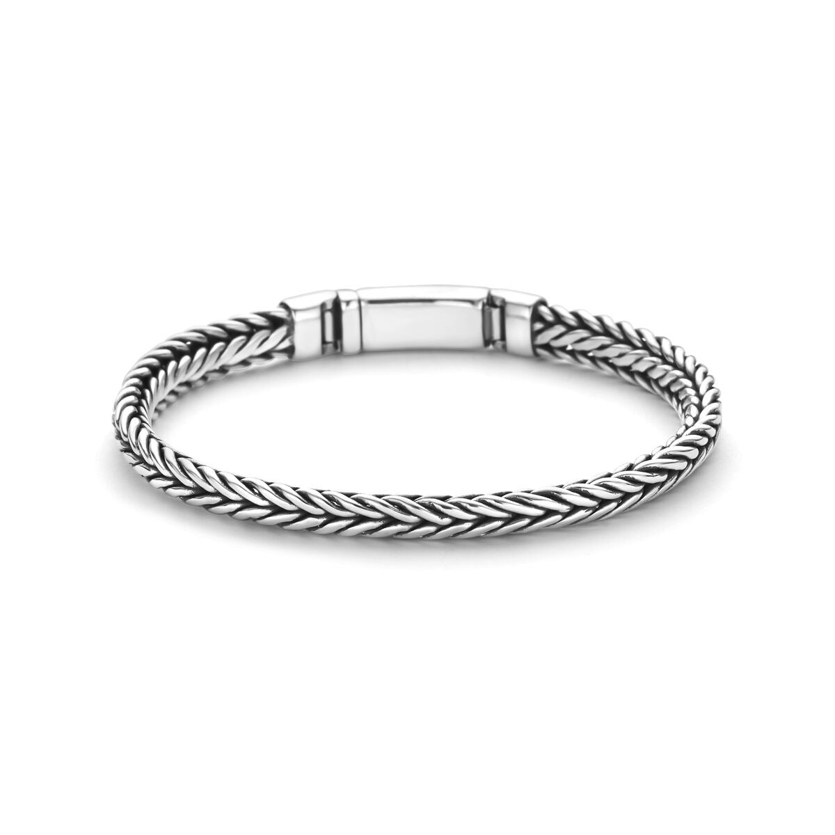 Pulsera de vossestaart de plata oxidada 925 para hombres, con diseño trenzado y cierre rectangular.