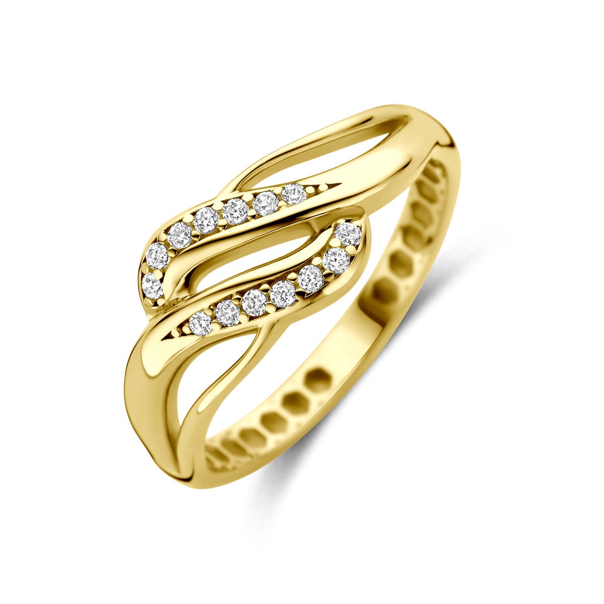 Anillo de dama en oro amarillo de 14k con zirconitas en un diseño ondulado.