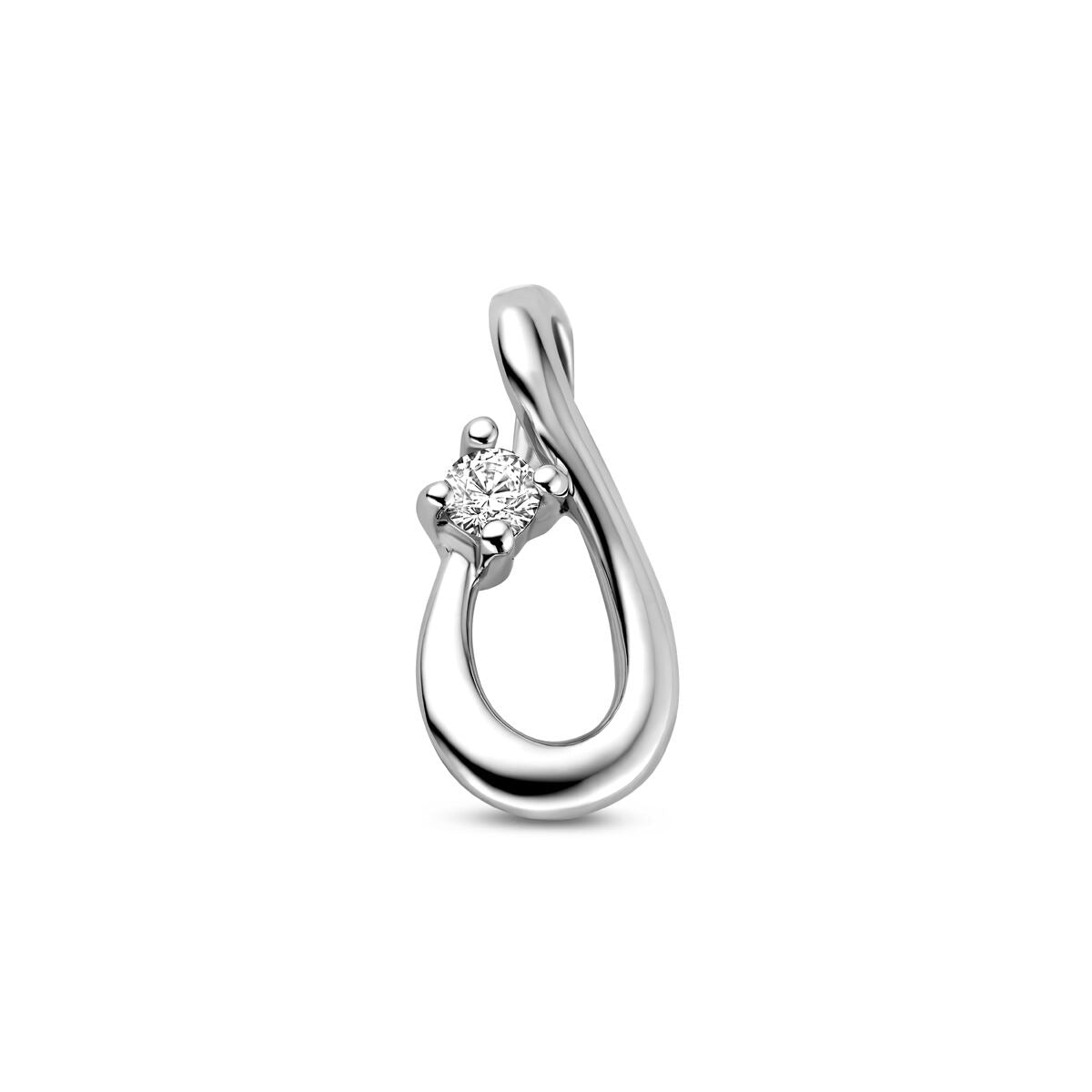 Colgante de plata con forma de infinito y circonita, símbolo de conexión eterna.