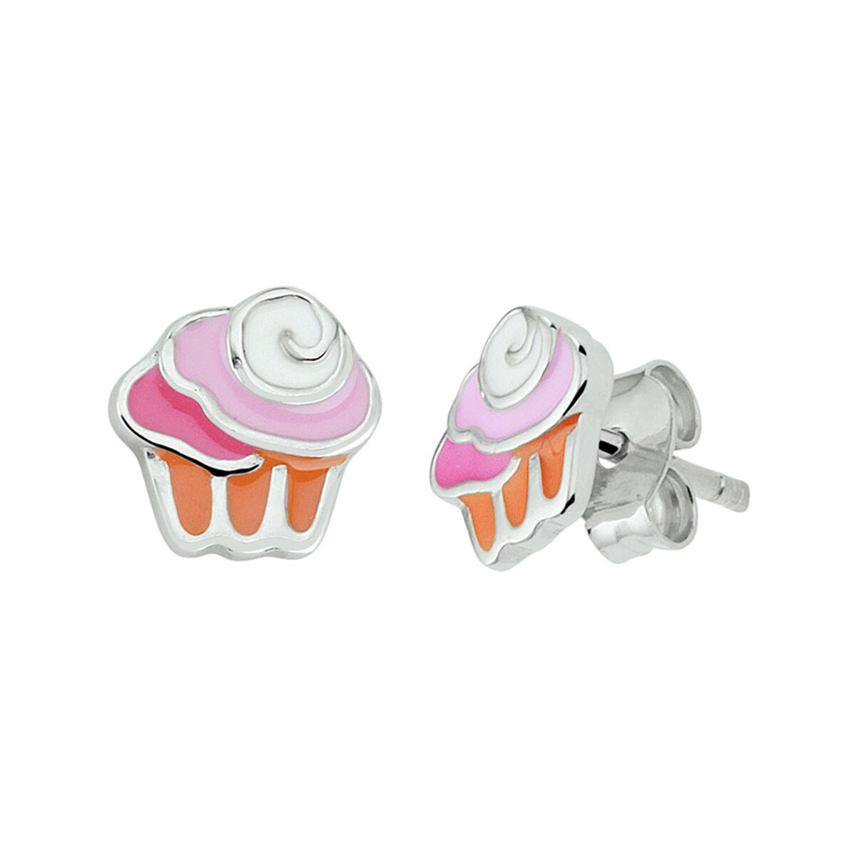 Pendientes de cupcake de plata, con acabado rodiado y esmalte de colores rosa y naranja.