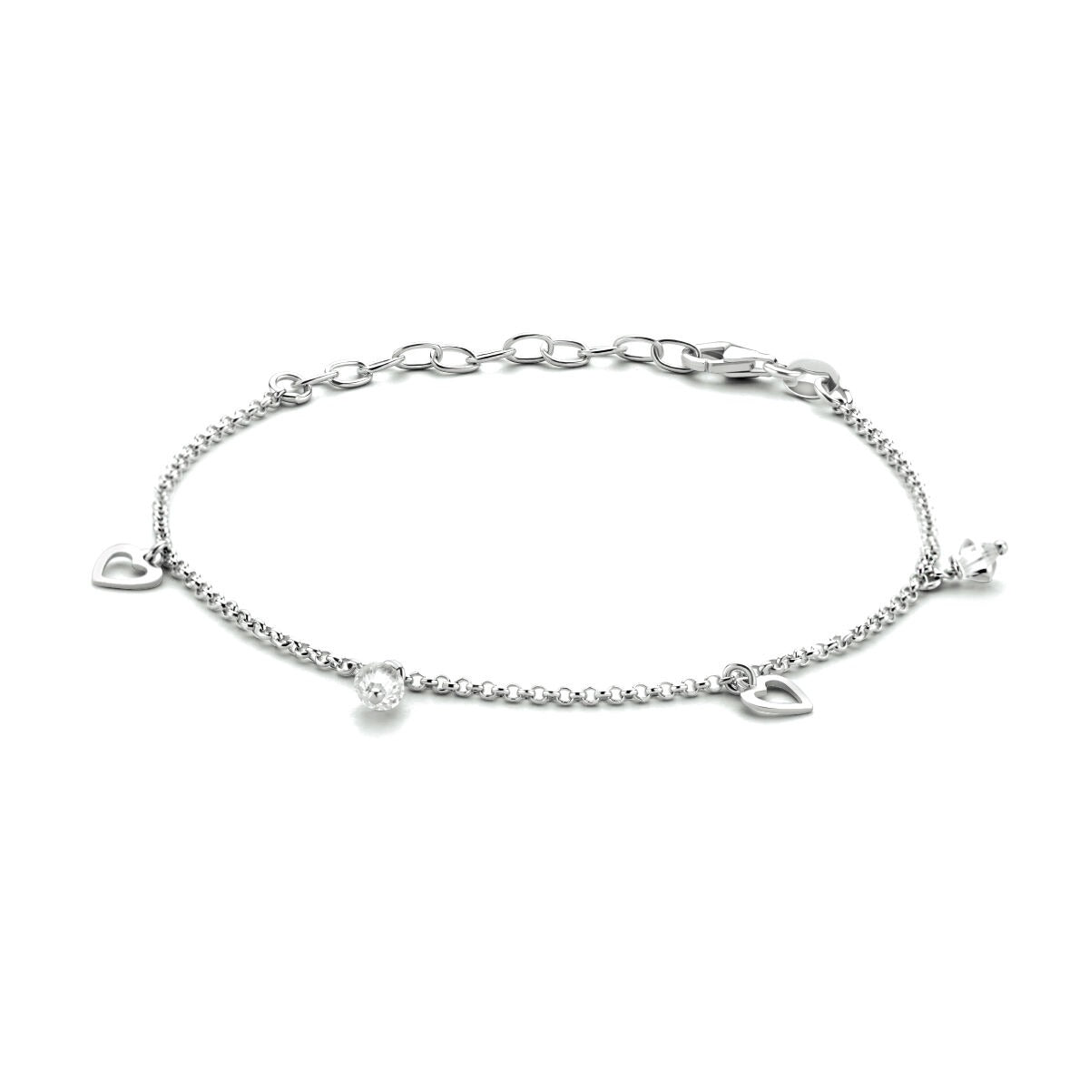 Anklet infantil de plata rodiada 925 con piedras transparentes y charms en forma de corazón.