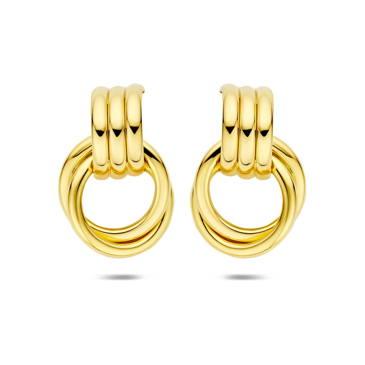 Pendientes de aro dorados de plata 925 con tres anillos entrelazados, tamaño 32 x 21.5 mm.