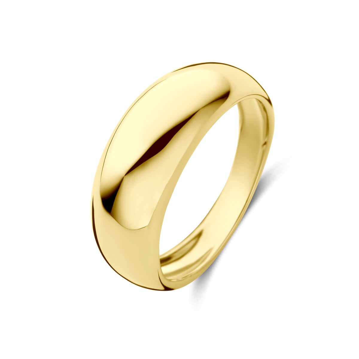 Anillo de oro amarillo de 14 quilates, ancho de 7.5 mm, con acabado pulido y forma suave.