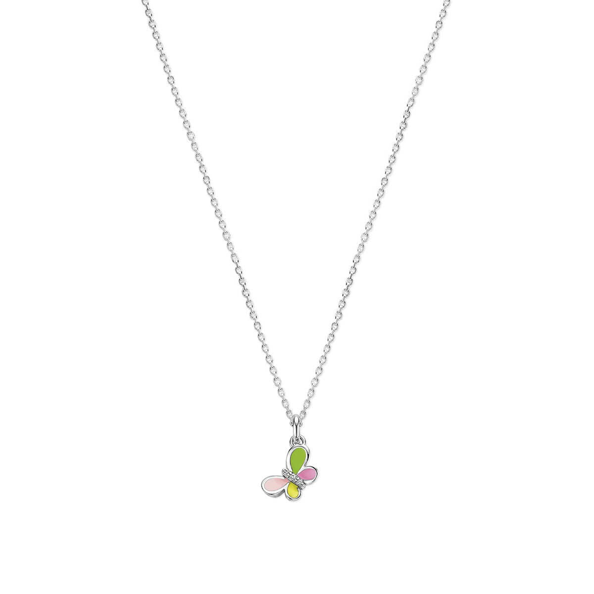 Collar infantil de plata con colgante de mariposa, esmalte y circonitas de colores.