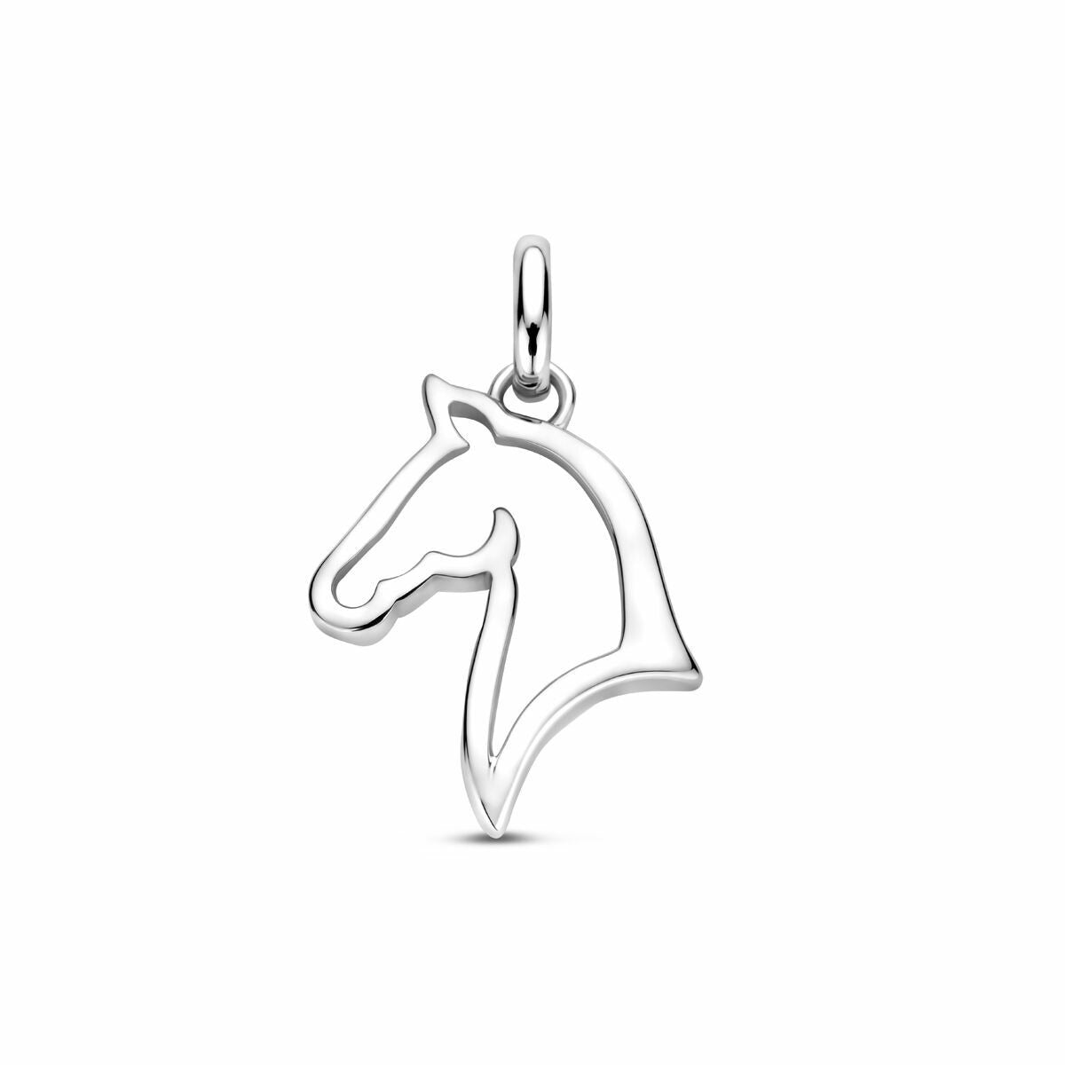 Colgante de caballo en plata de ley 925, acabado rodiado, con un tamaño de 20 mm.