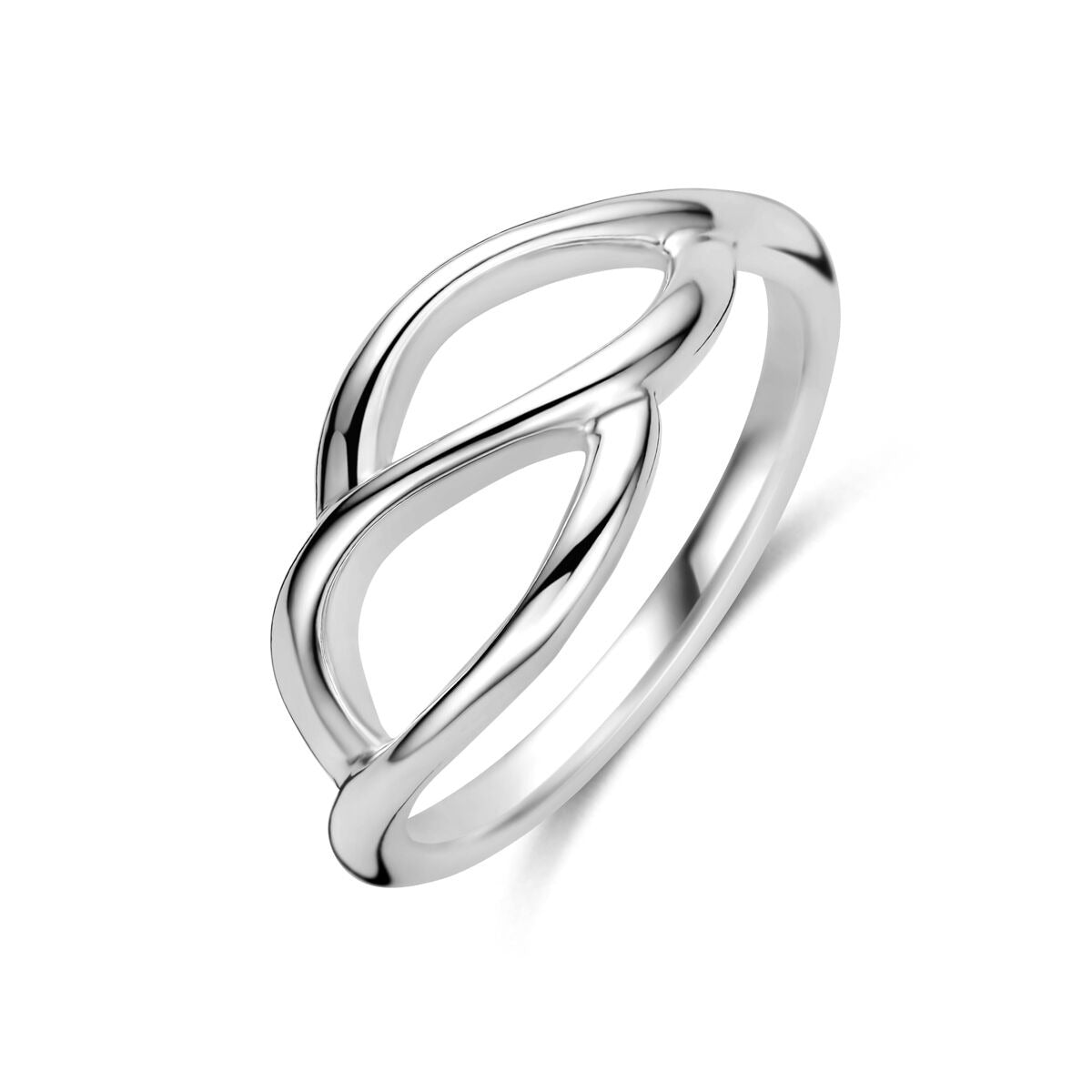 Anillo de plata 925 rodiada con diseño entrelazado y acabado brillante.