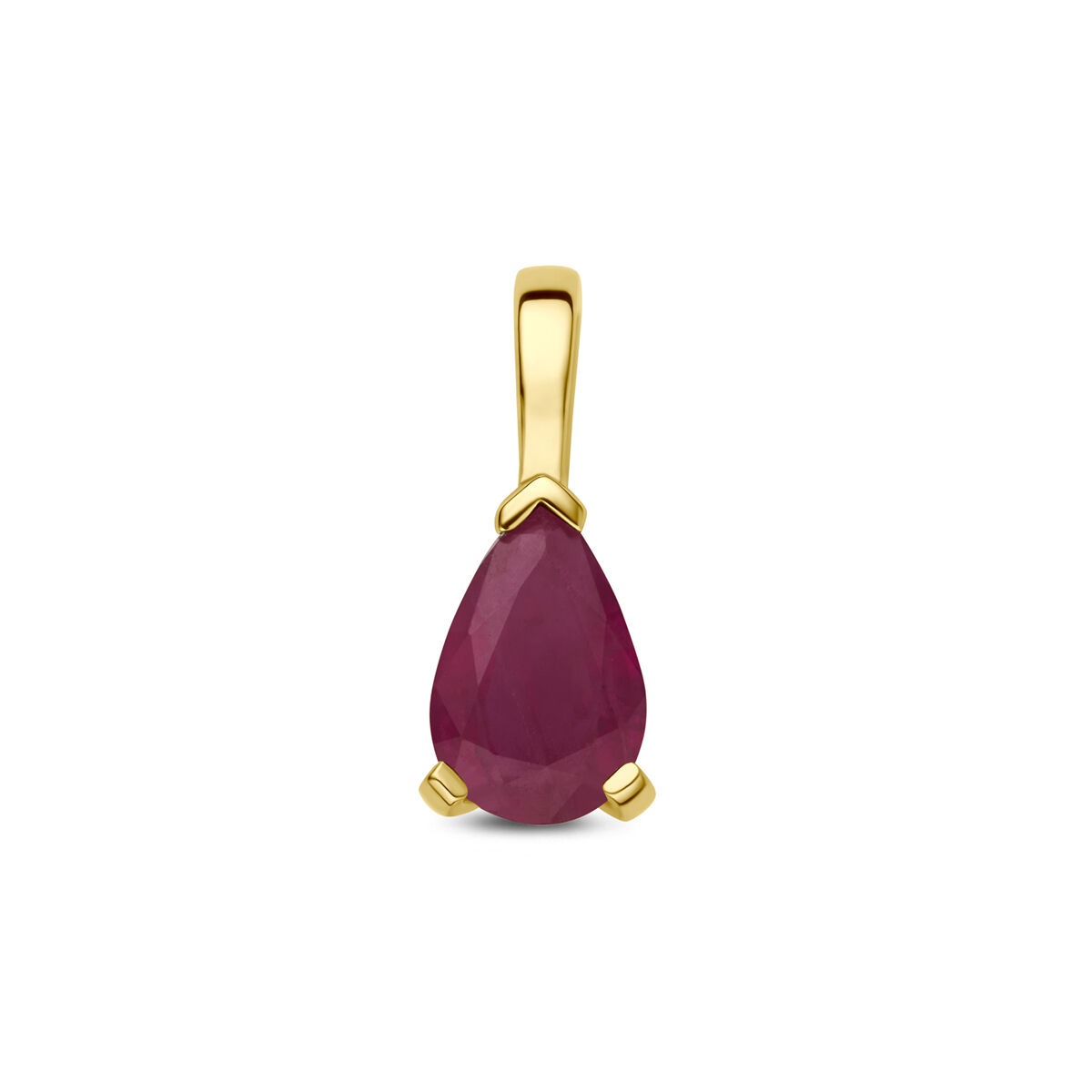 Colgante de oro amarillo de 14k con forma de gota y rubí facetado.