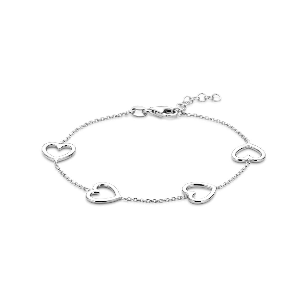 Pulsera de corazones de plata rodiada en plata 925, con cinco corazones entrelazados y cadena ajustable de 17 + 2 cm.