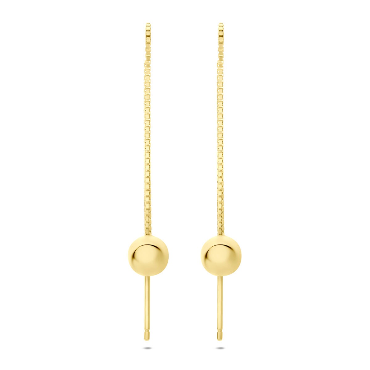 Pendientes largos de plata dorada con forma de bola.