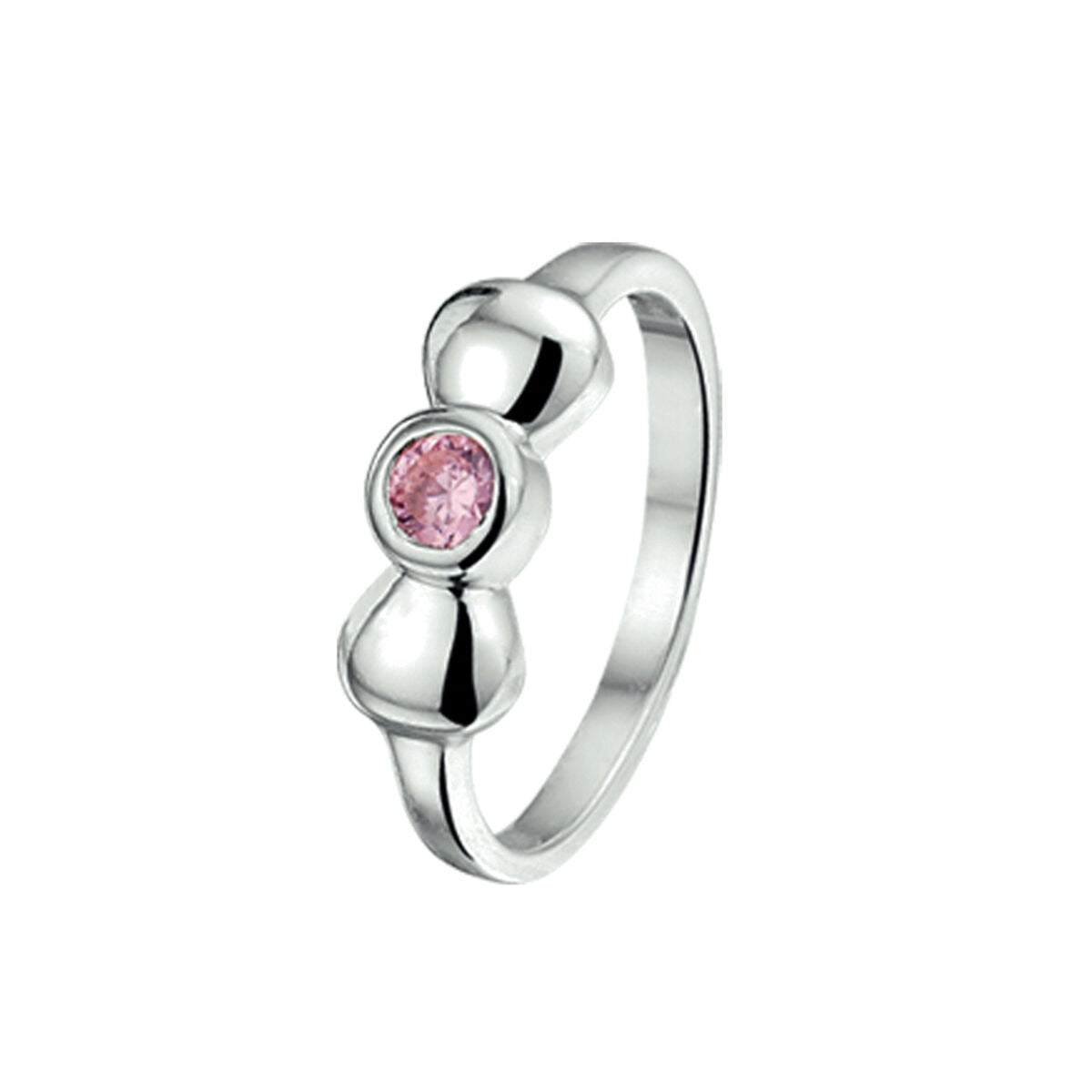 Anillo de plata rodiada para niña con un lazo y circonita rosa en el centro.