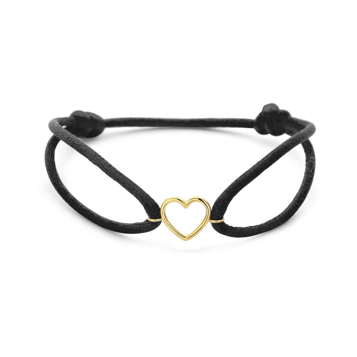 Pulsera de satén negro con un corazón dorado de 14k en el centro.