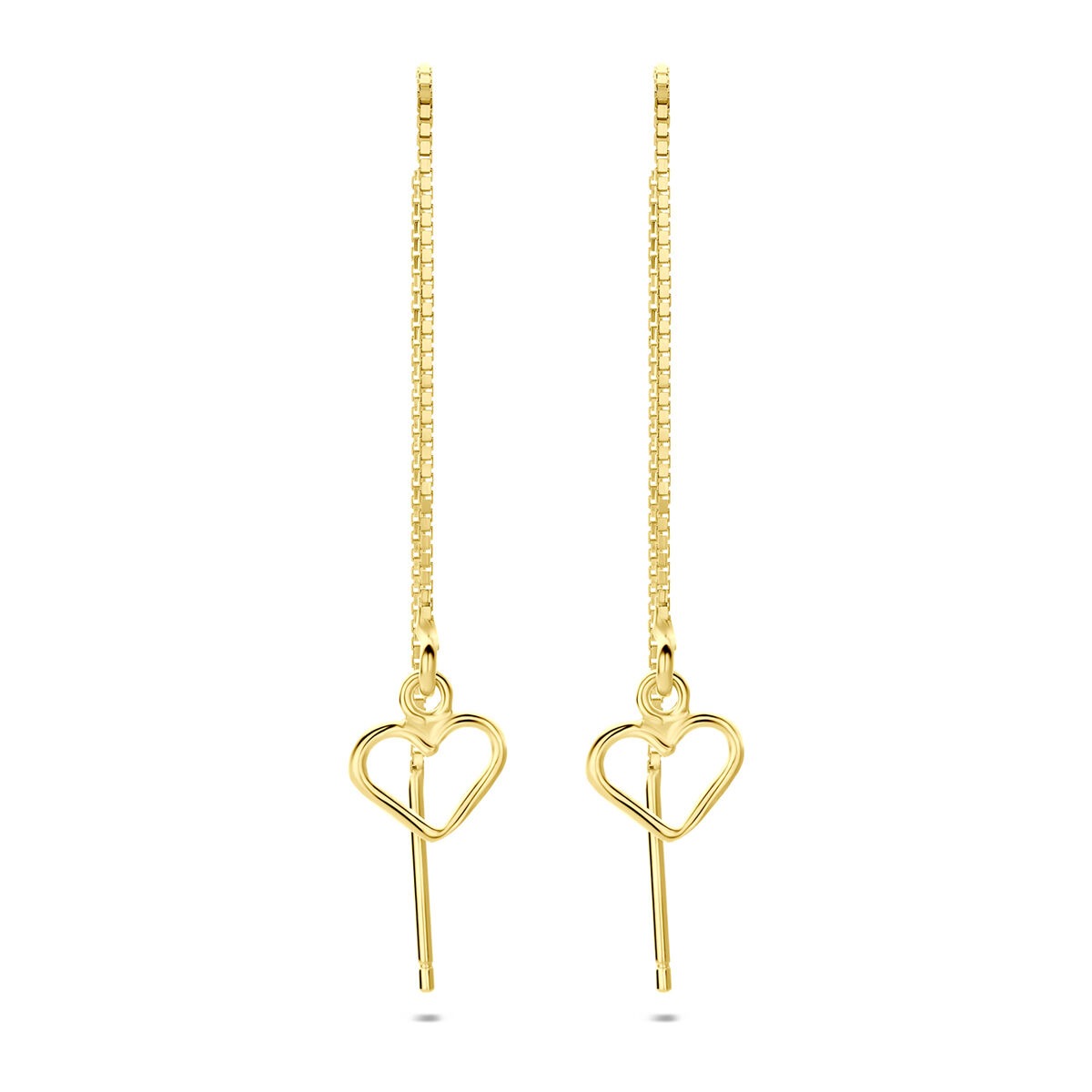 Pendientes largos de corazón en plata dorada.