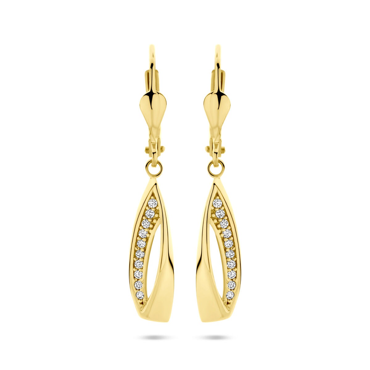 Pendientes largos de oro amarillo de 14k con circonitas brillantes en forma de gota.