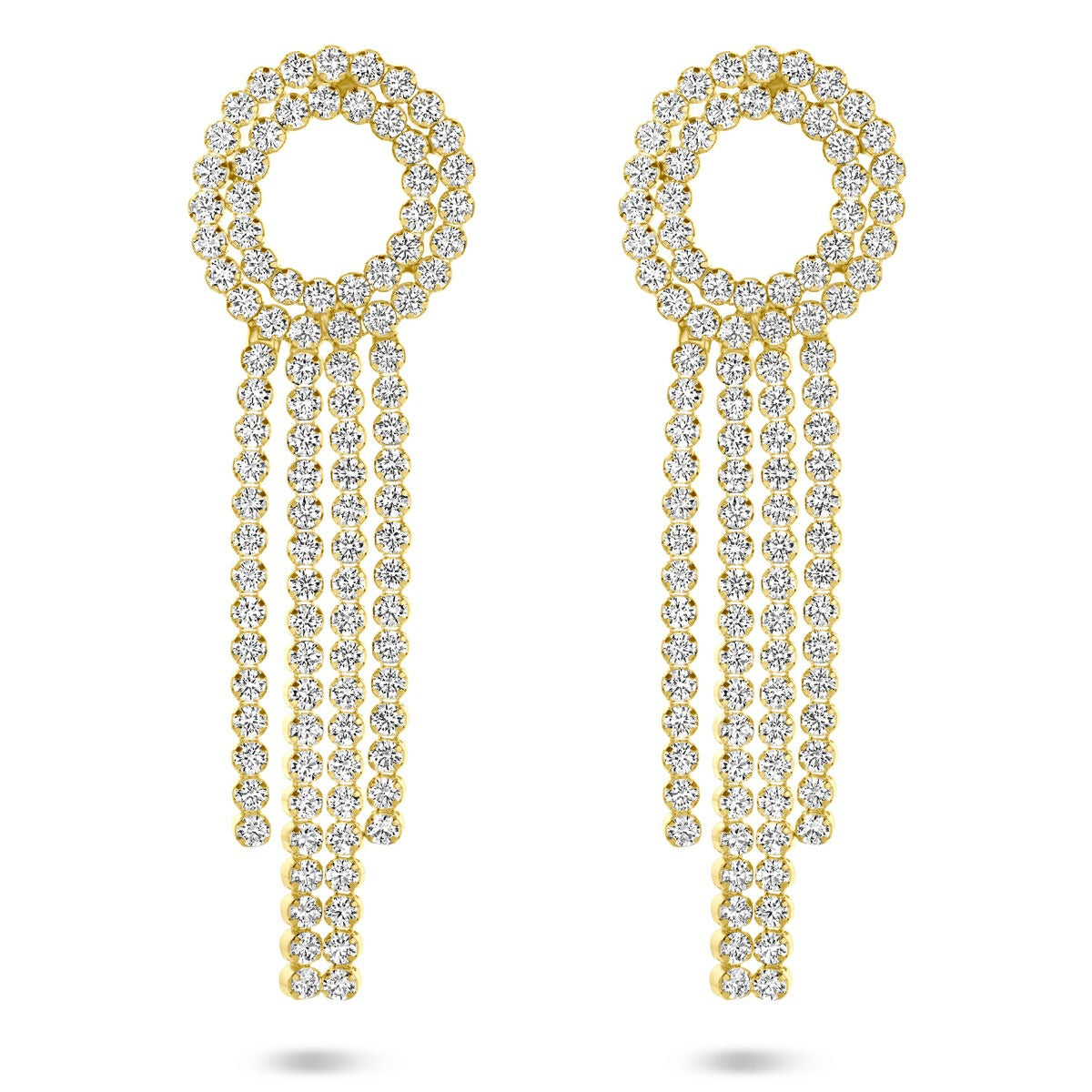 Pendientes largos de plata dorada con circonitas, de 62 mm, con diseño en forma de círculo y flecos.