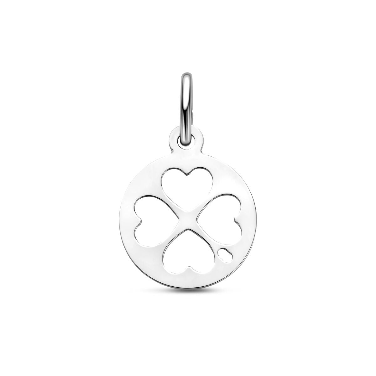 Colgante de plata rodiada 925 con forma de trébol de cuatro hojas, diámetro de 19 mm.