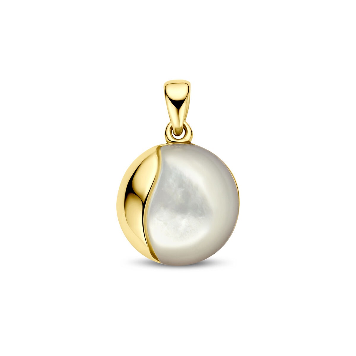 Colgante de oro amarillo de 14 quilates con forma redonda y detalle de nácar de 14 mm.