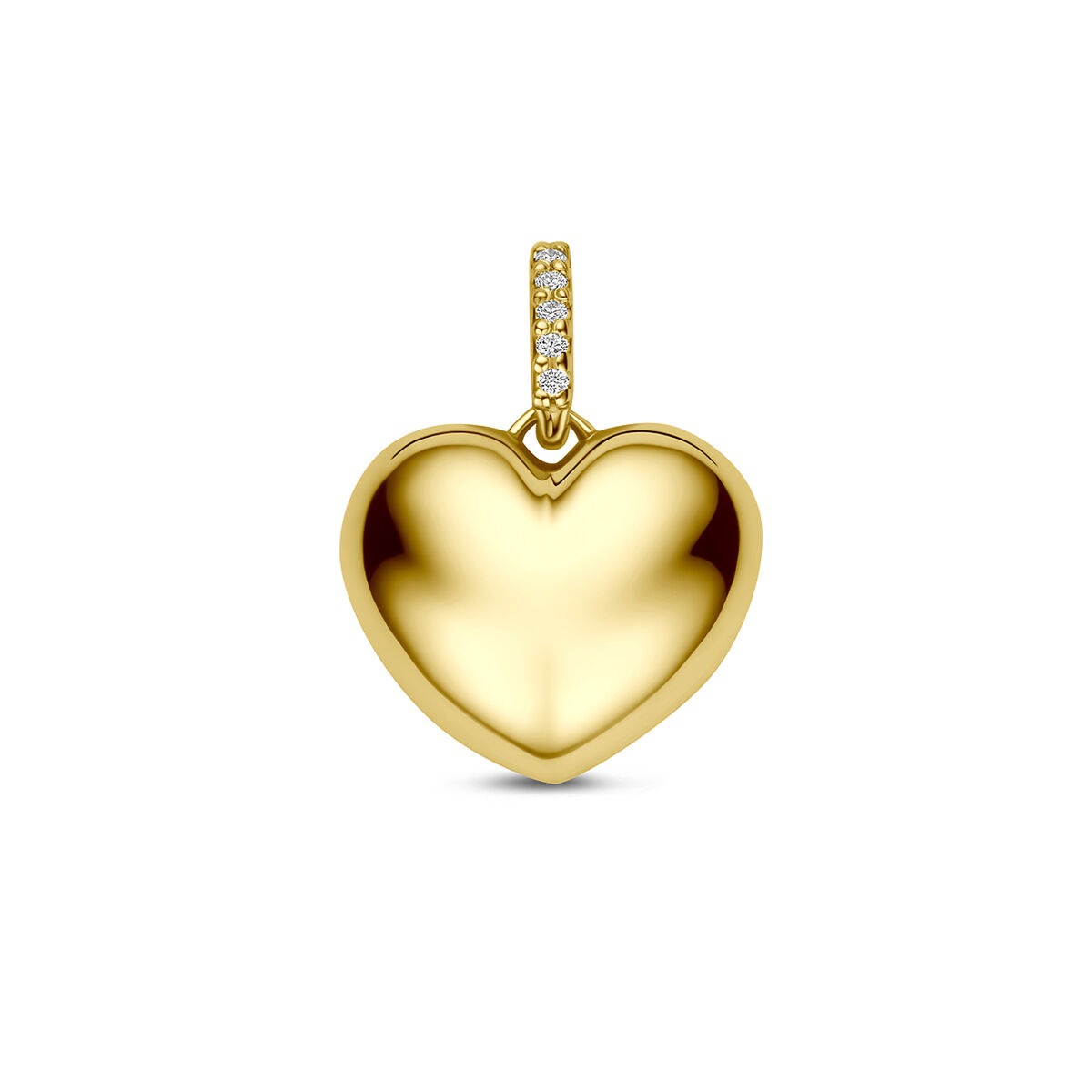Colgante en forma de corazón de oro amarillo de 14k con diamantes en la parte superior.