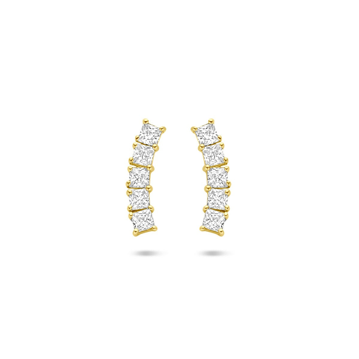 Pendientes de oro de 14k con circonitas, de forma curva y 12 mm de largo.