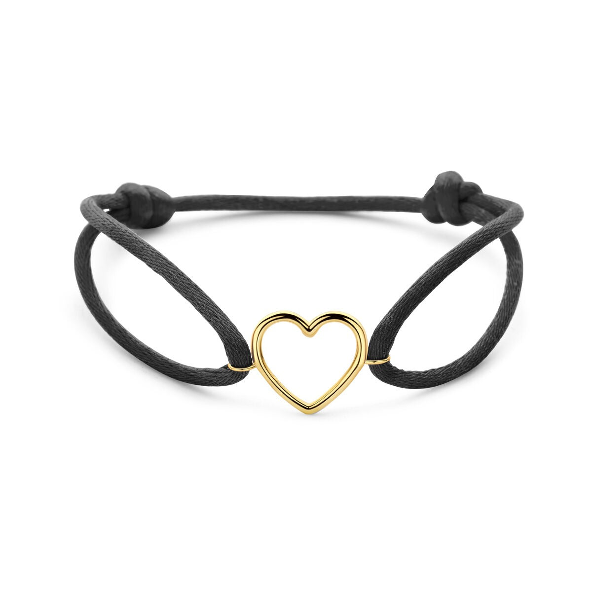 Pulsera negra de satén con un colgante en forma de corazón de oro de 14K.