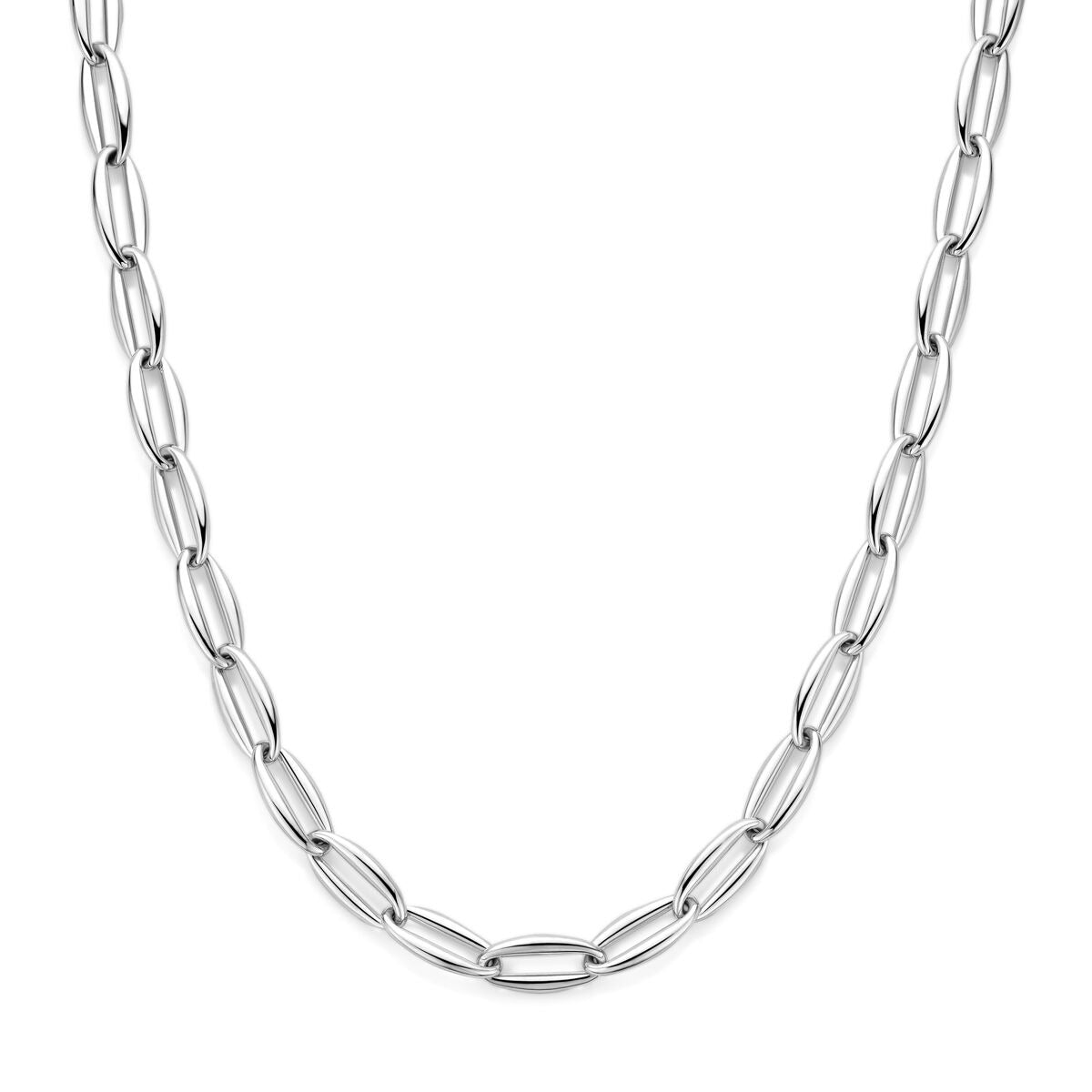 Gerhodineerde zilveren ankerketting met een schakellengte van verschillende ovalen schakelvormen.