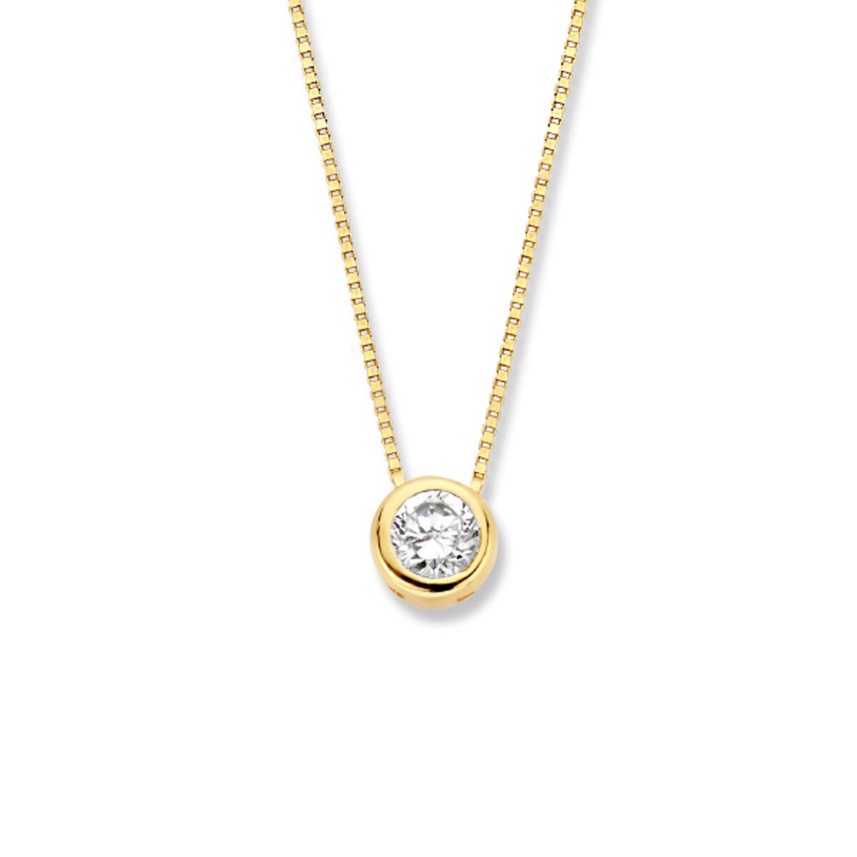 Cadena de oro con zirconia, eslabones venecianos, con colgante circular y brillante.