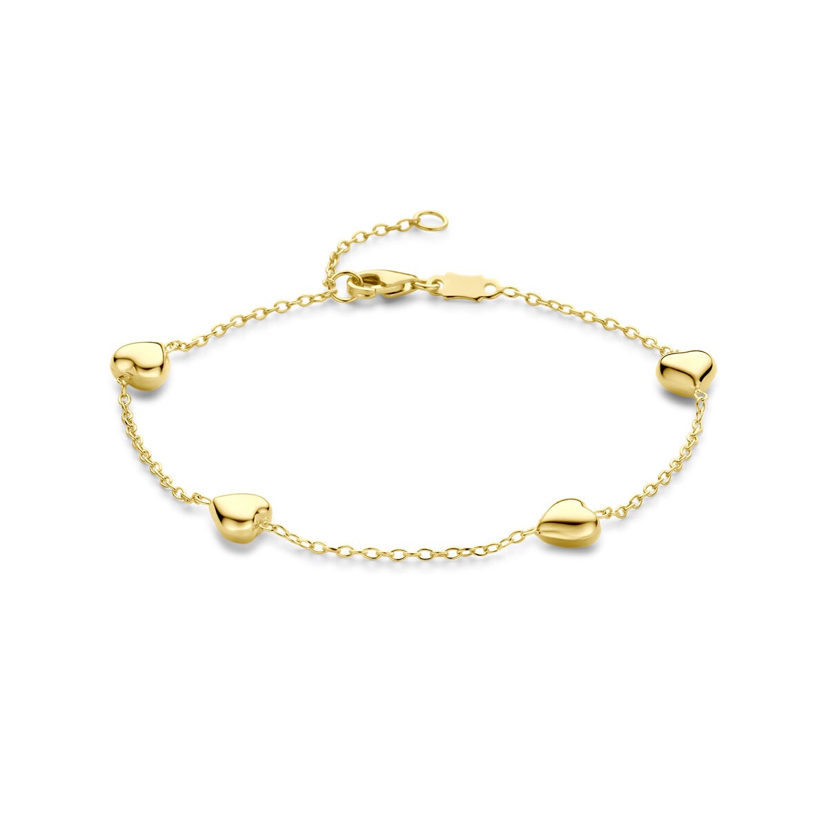 Pulsera de oro amarillo de 14k con corazones, ajustable de 16 a 18 cm.