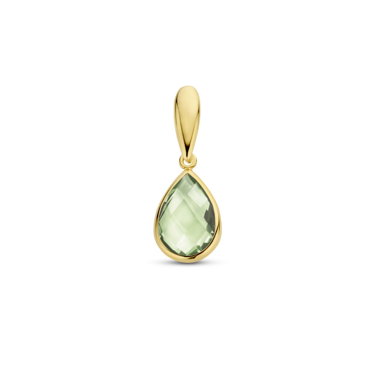 Colgante de oro amarillo de 14k con amatista verde en forma de gota.