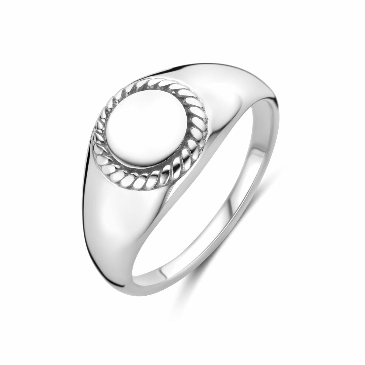 Anillo de sello de mujer en plata de ley 925, con acabado rodiado y detalle trenzado.