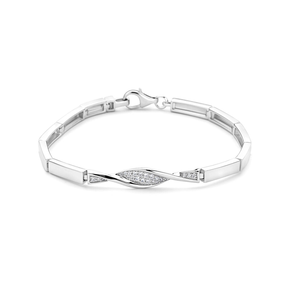 Pulsera de plata 925 rodiada con detalles en forma de pez y circonitas brillantes.