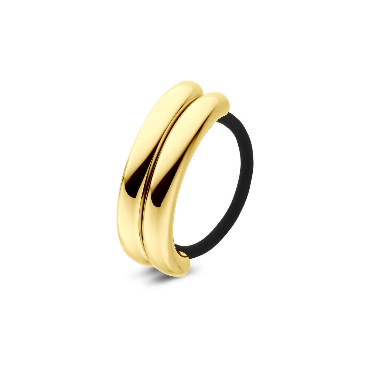 Cuff de cabello de acero con ionización dorada, diseño liso y brillante, medidas 17 x 53 mm.