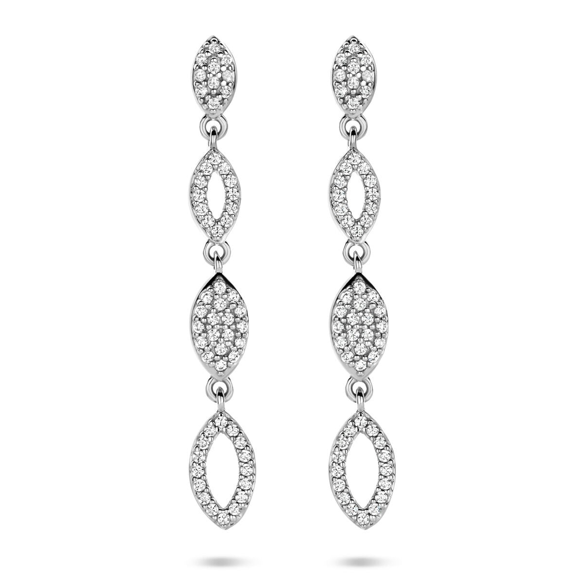 Pendientes largos de plata rodiada con circonitas, diseño en forma de óvalo, 39 mm.
